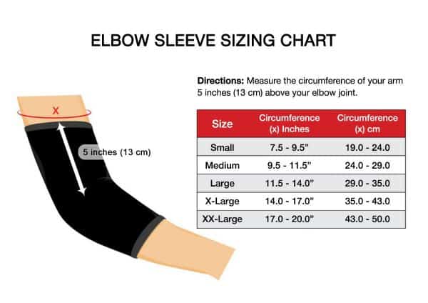 Sizing chart for Dr. Arthritis Copper Infused Elbow Compression Sleeve.