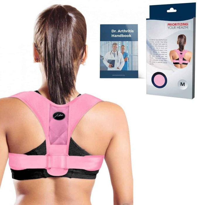 Dr. Arthritis Supportive Back Brace and Posture Corrector with informational handbook and packaging.
