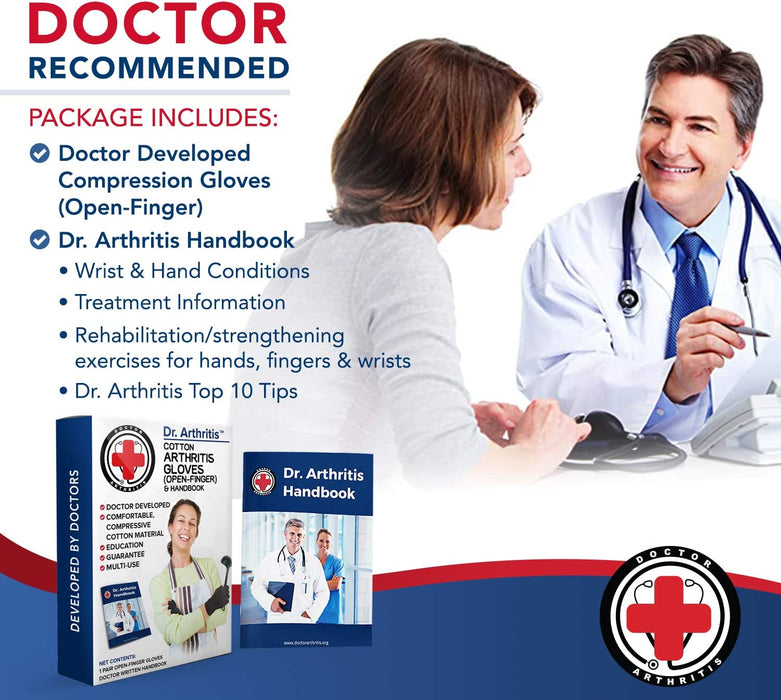 Female patient consulting with a smiling male doctor; an advertisement for Dr. Arthritis' Premium Compression Gloves (Open-Finger) for arthritis with accompanying informational handbook.