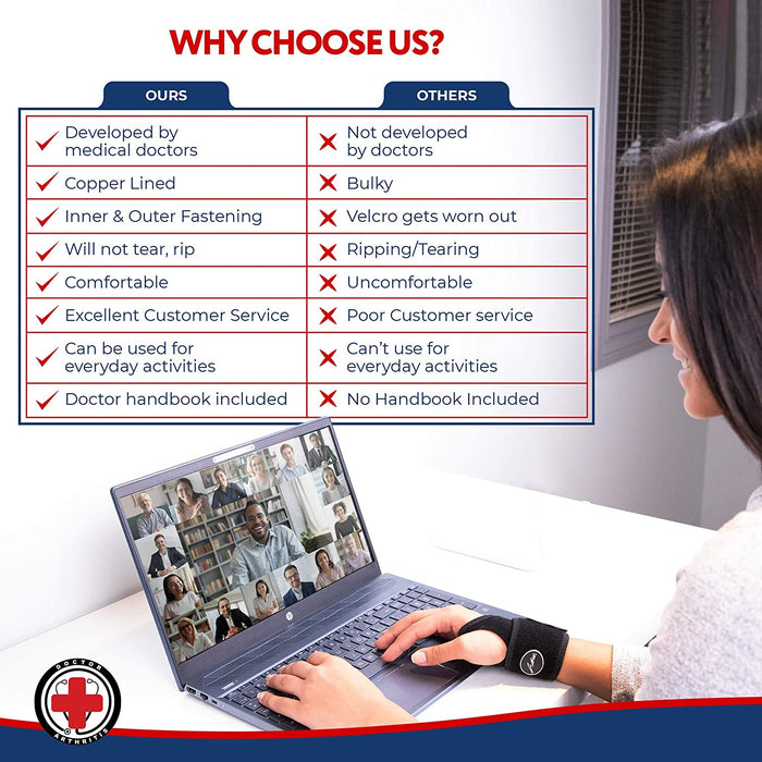A woman using a laptop with the text asking "why choose us?" is wearing a Dr. Arthritis Copper Lined Bowling Wrist Brace [Single].