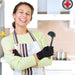 A woman in an apron holding a spatula while wearing Dr. Arthritis Copper Compression Gloves (Open-Finger) for arthritis relief.