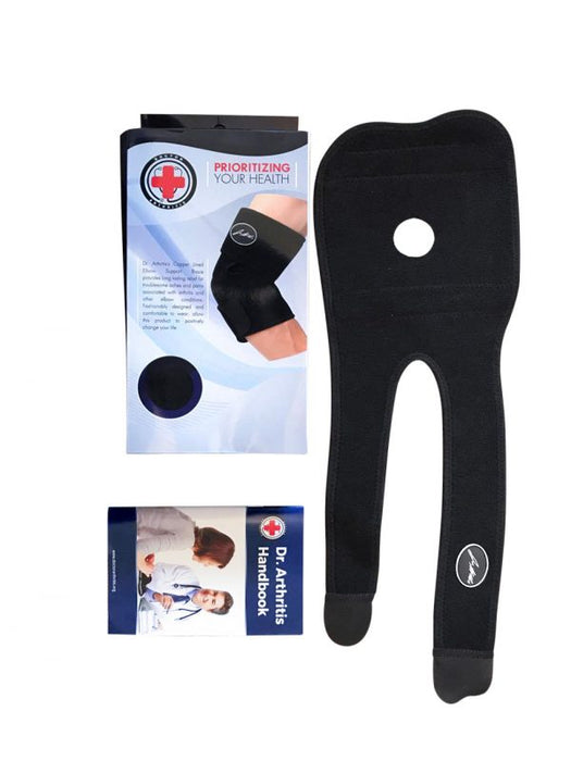 A pair of Dr. Arthritis Copper Lined Elbow Support Brace with a package.