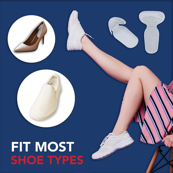 A demonstration of Dr. Arthritis' Foot Care Heel Cushion Inserts for Women and Men (4 Pair/Box) alongside a variety of footwear styles, suggesting a universal fit for most shoes.