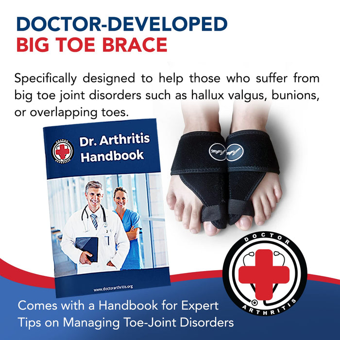 A pair of feet wearing Dr. Arthritis black Toe Straightener Foot Brace supports, advertised as a solution for toe joint disorders, accompanied by an 'arthritis handbook'.