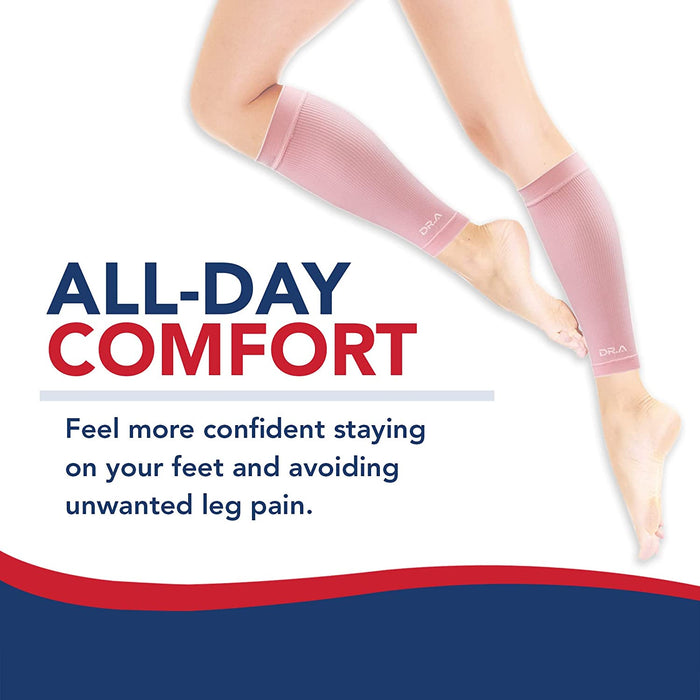 A woman's leg with the words all-day comfort wearing Dr. Arthritis Calf Compression Sleeve for Men and Women.
