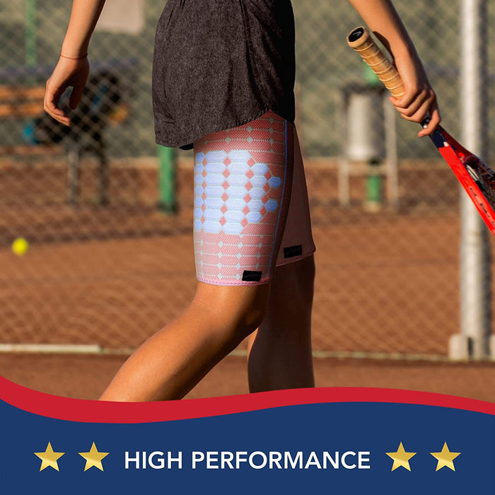 Tennis player with a Dr. Arthritis Thigh Compression Sleeve on the court, indicating high performance.