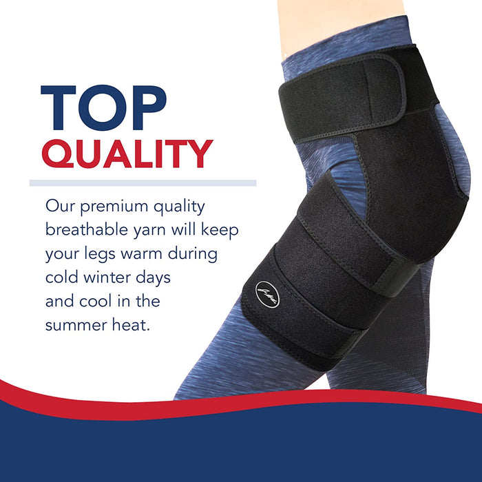 A Stabilizing Hip Support Brace by Dr. Arthritis advertised as top quality for warmth and support, showcased on a person's knee.