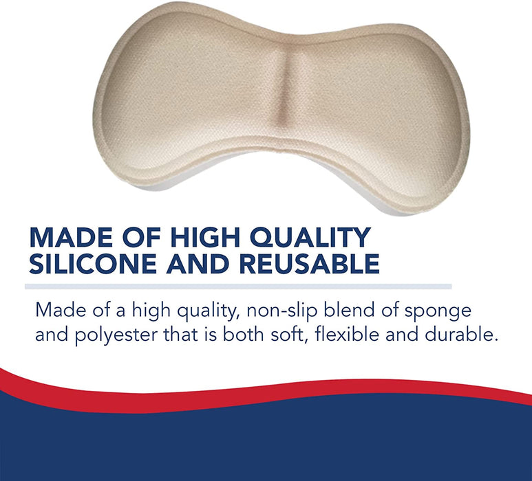 Dr. Arthritis Heel Grips for Womens Shoes Filler & Handbook (6 Pair/Box) advertised for its high-quality, non-slip material and reusability, featuring softness and flexibility.