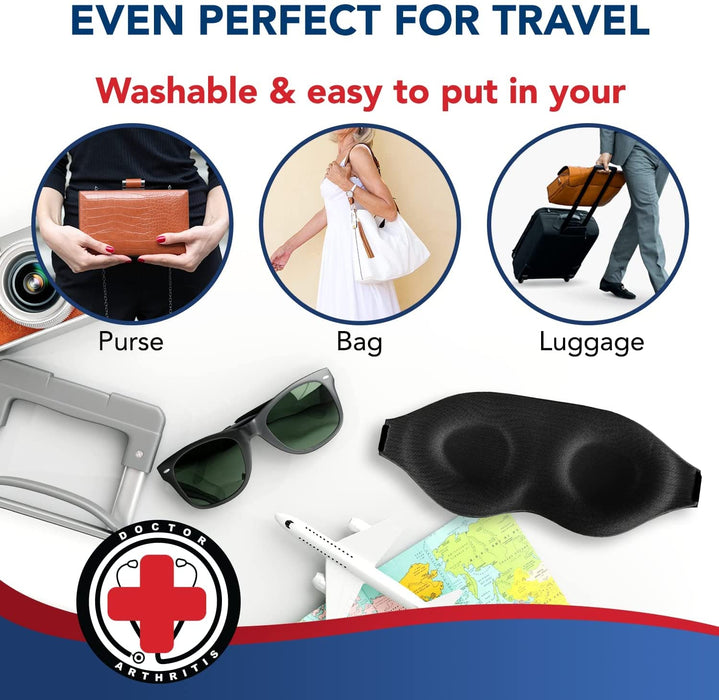 Travel-friendly Dr. Arthritis Sleep Eye Mask shown as easily storable in a purse, bag, and luggage, highlighting its washability and convenience for users with arthritis.