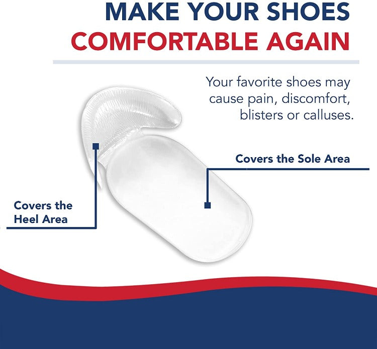 An advertisement for Dr. Arthritis heel cushion inserts promoting comfort by covering the sole and heel areas of footwear.