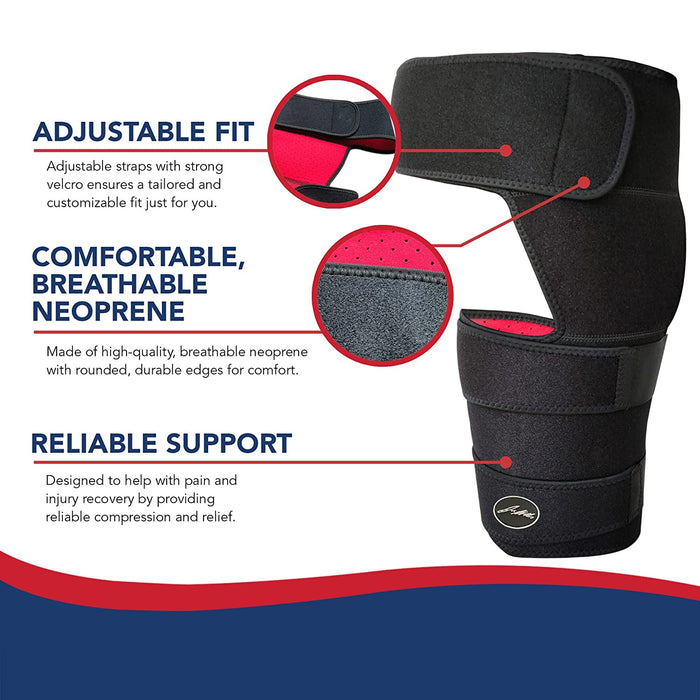 Black neoprene Stabilizing Hip Support Brace with adjustable straps and reinforced edges for comfort and support by Dr. Arthritis.