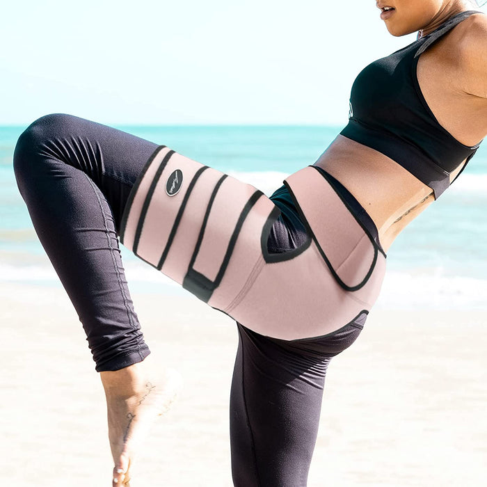 Woman exercising on the beach wearing a Stabilizing Hip Support Brace from Dr. Arthritis.