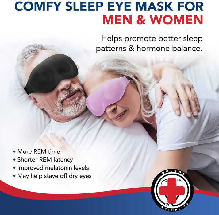 Couple wearing Dr. Arthritis Sleep Eye Masks in bed, highlighting the masks' benefits for sleep quality and eye health.