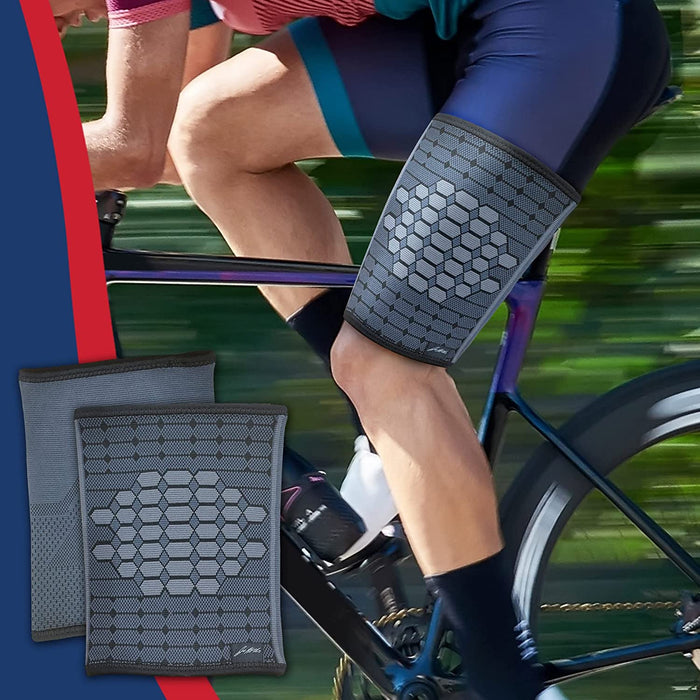 A cyclist wearing Dr. Arthritis thigh compression sleeves while riding a bike, with close-ups of the sleeve's hexagonal pattern design.