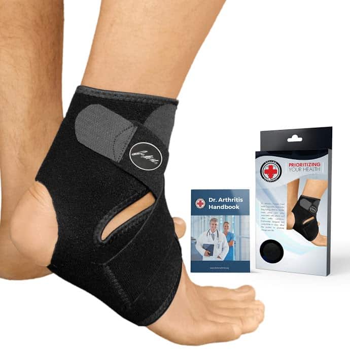 A man wearing a Dr. Arthritis Copper Lined Ankle Support Brace for inflammation.