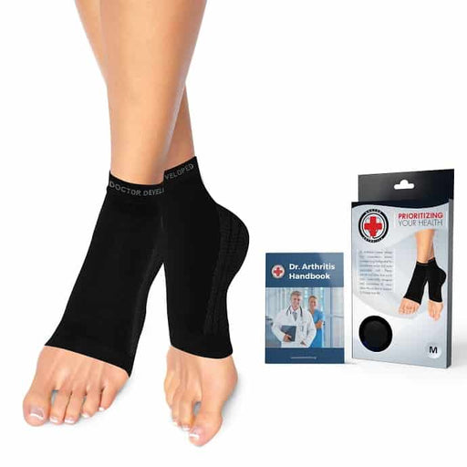 A woman wearing a pair of Dr. Arthritis Copper Infused Foot Sleeve (Pair).