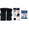 A pair of black knee pads with compression technology and a pair of Dr. Arthritis Copper Infused Foot Sleeves.