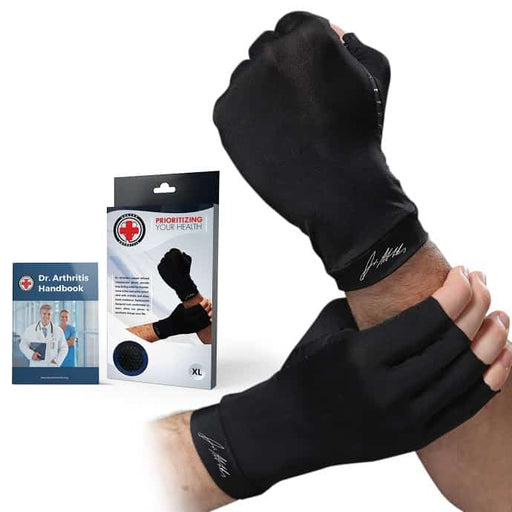 A pair of Dr. Arthritis Copper Compression Gloves (Open-Finger) with a pair of hands.