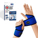 A person wearing a blue Dr. Arthritis brand copper lined wrist support, with the product's packaging displayed in the background.