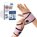 A hand wearing a pink Dr. Arthritis Copper Lined Wrist Support brace designed to provide support, with the product's packaging visible in the background.