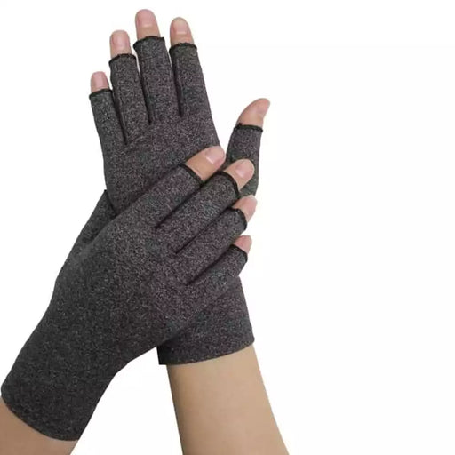 A pair of Dr. Arthritis Compression Crochet Fingerless Gloves on a white background, ideal for arthritis relief.