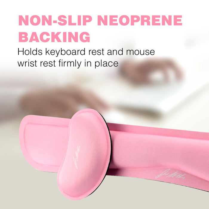 Pink non-slip neoprene wrist rests for keyboard and mouse, labeled "Dr. Arthritis Carpal Tunnel Bundle," designed to prevent wrist pain, displayed in use on a desk.