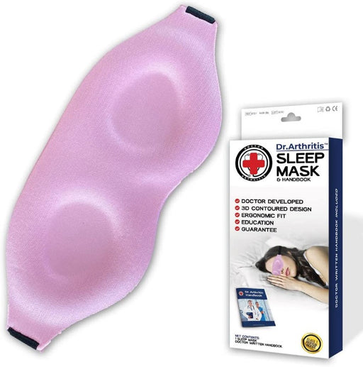 A pink contoured Dr. Arthritis Sleep Eye Mask with its packaging, featuring information and a user demonstration.