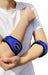 A person wearing Dr. Arthritis Tennis & Golfer's Elbow Solution blue elbow support straps with adjustable features.