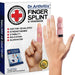 A hand wearing a Dr. Arthritis Finger Splint with the Dr. Arthritis packaging displayed in the background.