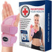 A hand wearing a pink Dr. Arthritis wrist support brace next to its packaging, which includes a guidebook and highlights the product's features.