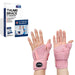 A pair of pink arthritis compression gloves with Dr. Arthritis thumb support brace, featuring packaging that displays the product and an included Dr. Arthritis handbook for joint-related conditions.