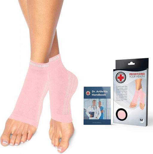 A pair of pink Copper Infused Foot Sleeves designed by Dr. Arthritis to provide compression and support for foot conditions. The package includes two sleeves.