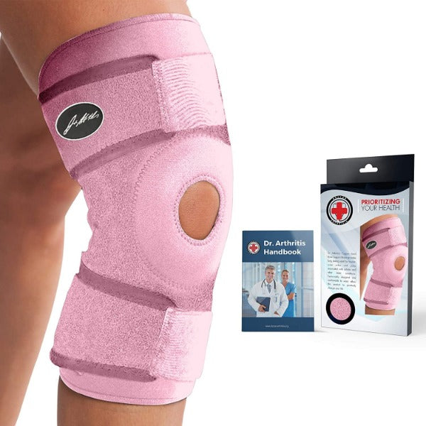 A woman sporting a pink Dr. Arthritis Copper Lined Knee Support Band for joint support.