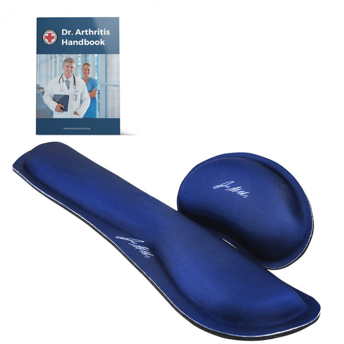 A pair of blue orthopedic insoles next to a "Dr. Arthritis Carpal Tunnel Bundle" focused on wrist pain, with an image of a doctor and a patient on the cover.