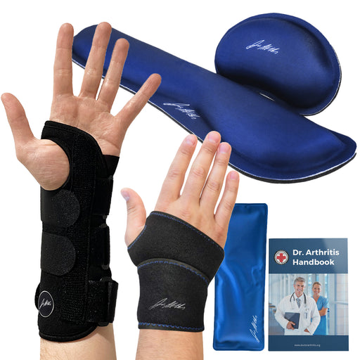 A Carpal Tunnel Bundle displayed on a hand, accompanied by two cushioned wrist supports and an informational handbook on carpal tunnel syndrome, against a white background. (Brand: Dr. Arthritis)