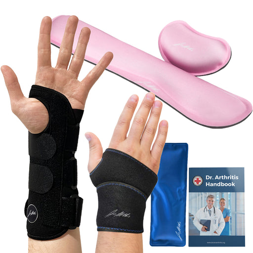 A Carpal Tunnel Bundle from Dr. Arthritis, including a wrist brace, hand brace, cushioned wrist rest, compression glove, and a handbook titled "Dr. Arthritis," displayed together for managing wrist pain.