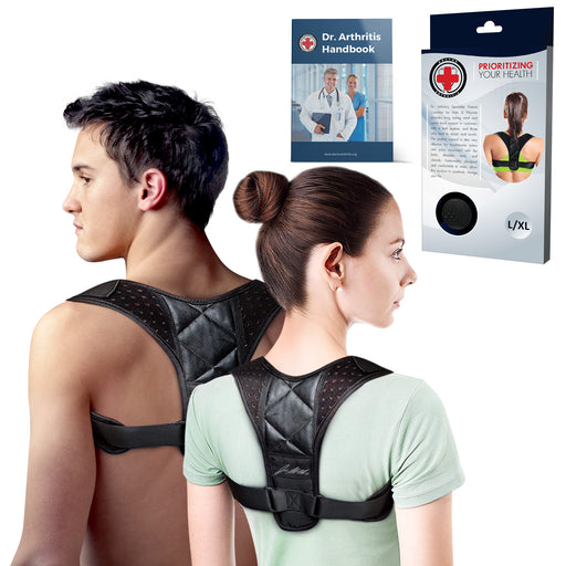 Two individuals wearing Dr. Arthritis Supportive Back Braces and Posture Correctors with accompanying product packaging and a Dr. Arthritis Handbook visible in the background, all designed to support spine health.