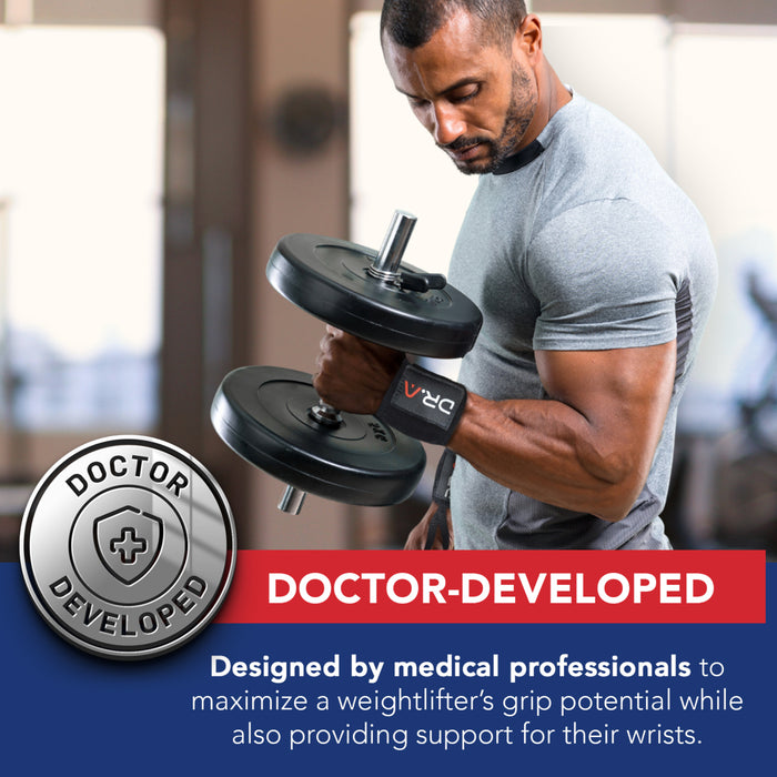 A man lifts a dumbbell wearing Dr. Arthritis Gym Wrist Wraps. A badge reads "Doctor Developed" with a caption stating that the weightlifting wrist wraps are designed by medical professionals to enhance grip and support wrists.