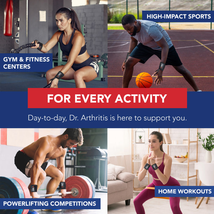 A collage featuring individuals using Dr. Arthritis Gym Wrist Wraps in various activities: workouts, high-impact sports, powerlifting competitions, and home exercises. Text overlay: "FOR EVERY ACTIVITY. Day-to-day, Dr. Arthritis is here to support you.