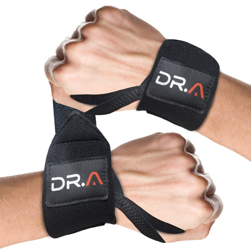 Two hands are shown wearing black Dr. Arthritis Gym Wrist Wraps. These lifting wrist straps are designed to provide optimal wrist support, perfect for weightlifting sessions.