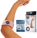 A person wearing a pink Dr. Arthritis Tennis & Golfer's Elbow Solution compression wristband with a product box and forearm support in the background.
