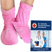 A pair of pink Dr. Arthritis heated booties with a promotional tag for the "Dr. Arthritis Heated Booties Handbook," indicating that the product is developed by doctors.
