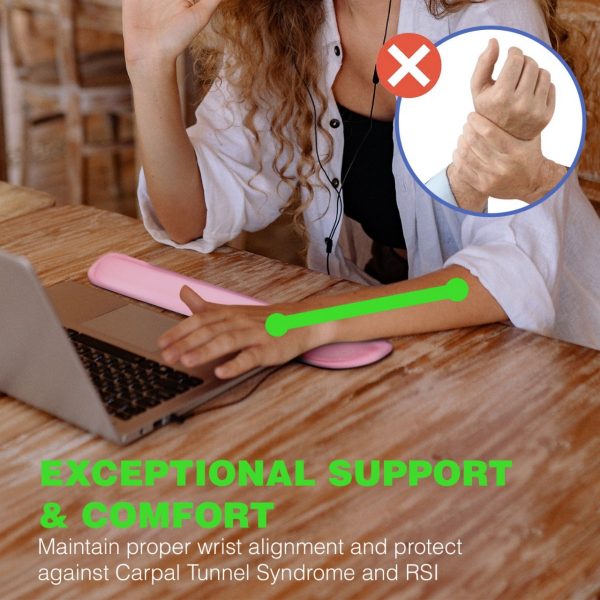 Woman using a laptop with Dr. Arthritis Carpal Tunnel Bundle wrist supports highlighted, text promoting wrist alignment and protection against carpal tunnel syndrome and wrist pain.