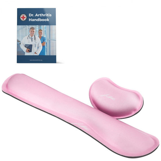 A pink Ergonomic Wrist Rest for Mouse & Keyboard from Dr. Arthritis with a Doctor Written Handbook on it.