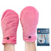 A pair of pink Dr. Arthritis heated mittens, with microwavable and lavender scented slot-in heating pads, displayed in front of a Dr. Arthritis handbook.