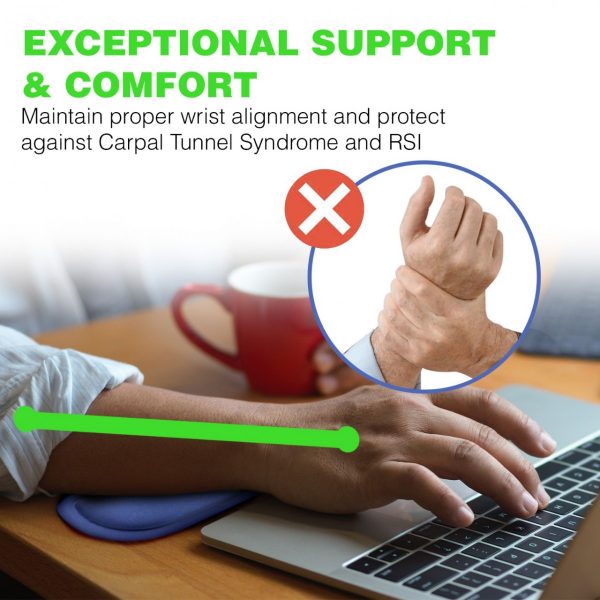 Advertisement image showing a person using a laptop with highlighted proper wrist alignment to prevent repetitive strain injuries, a cup in the background showcasing the Dr. Arthritis Carpal Tunnel Bundle.