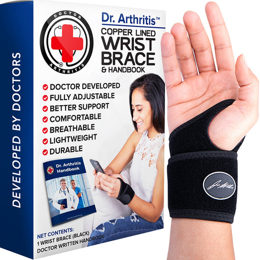 Dr. Arthritis' Copper Lined Golf Wrist Brace [Single] and handbook provide joint compression for efficient support.
