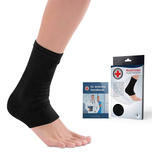A person with a Dr. Arthritis ankle compression sleeve and a package beside it for ankle conditions.