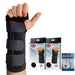 A hand modeling a black wrist and forearm brace for carpal tunnel syndrome, alongside the Carpal Tunnel Bundle by Dr. Arthritis packaging showing different wearing options and an included handbook.
