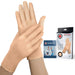 Beige Premium Compression Gloves (Full-Fingered) by Dr. Arthritis for hand arthritis relief alongside a healthcare handbook.